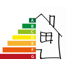Energieeffizienzbalken an gezeichnetem Haus (MVOPro auf Pixabay)